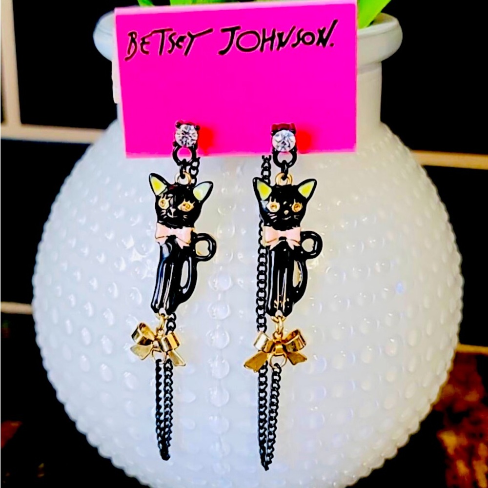 RARE Betsey Johnson Vicki Victorian Collection Earrings, New Vintage Black Cat